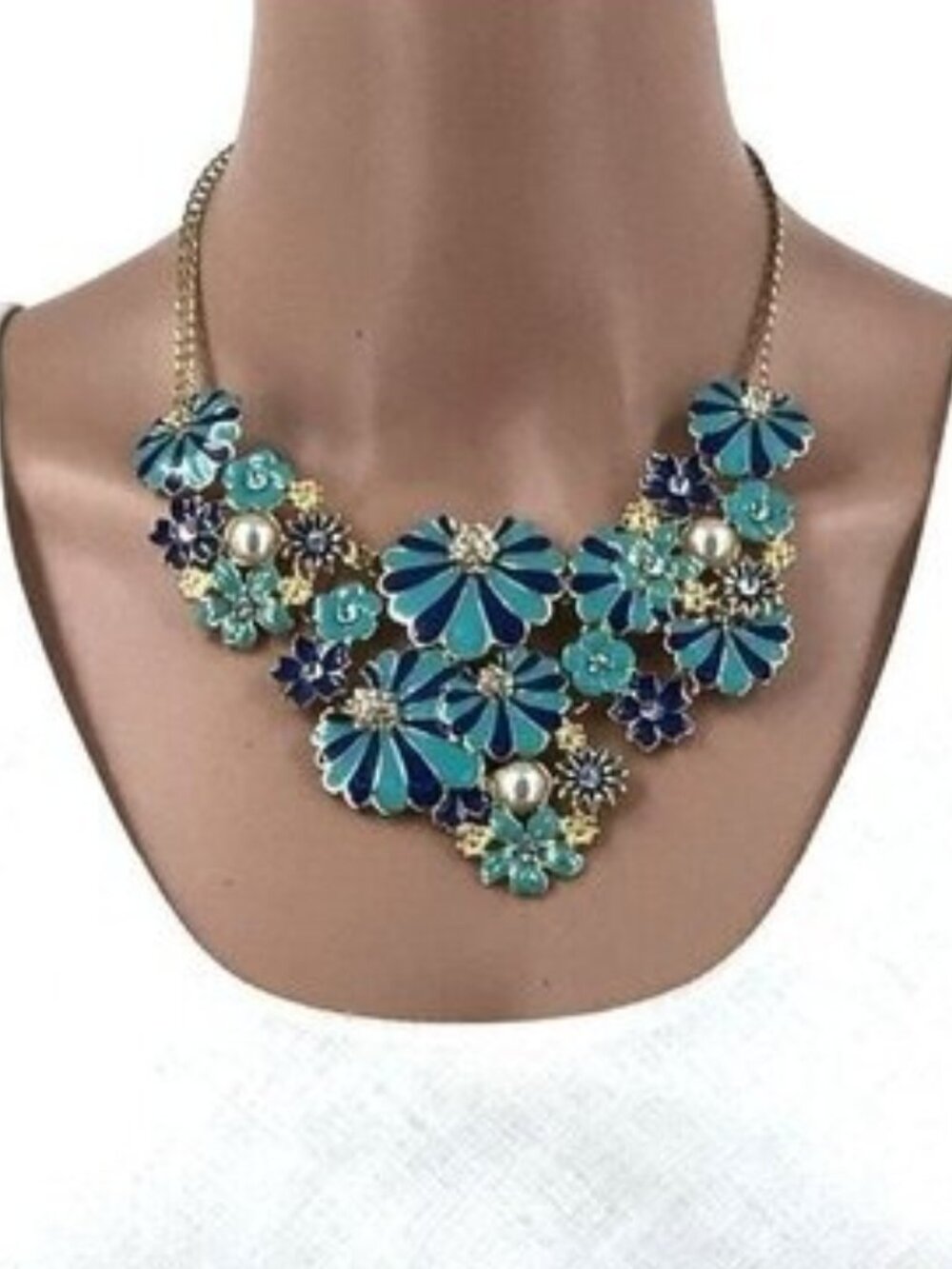 Amrita Singh Statement Necklace Navy Blue Enamel Rhinestone Faux Pearl 18 Inch - Picture 3 of 3
